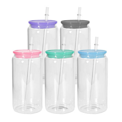 Sublimation Glass Can Mug 16oz with Coloured Lid